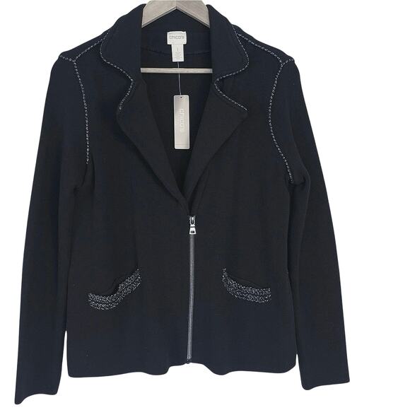 Chico’s Double Knit Cotton Jacket Cardigan Metallic Trim Zip Black Small NWT - Picture 1 of 12